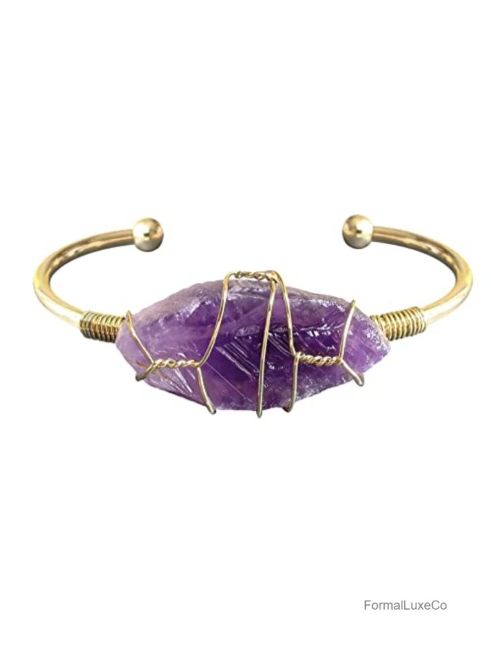 Natural Amethyst Gemstone Gold Plated Wire Wrap Adjustable Bangle Bracelet Cuff